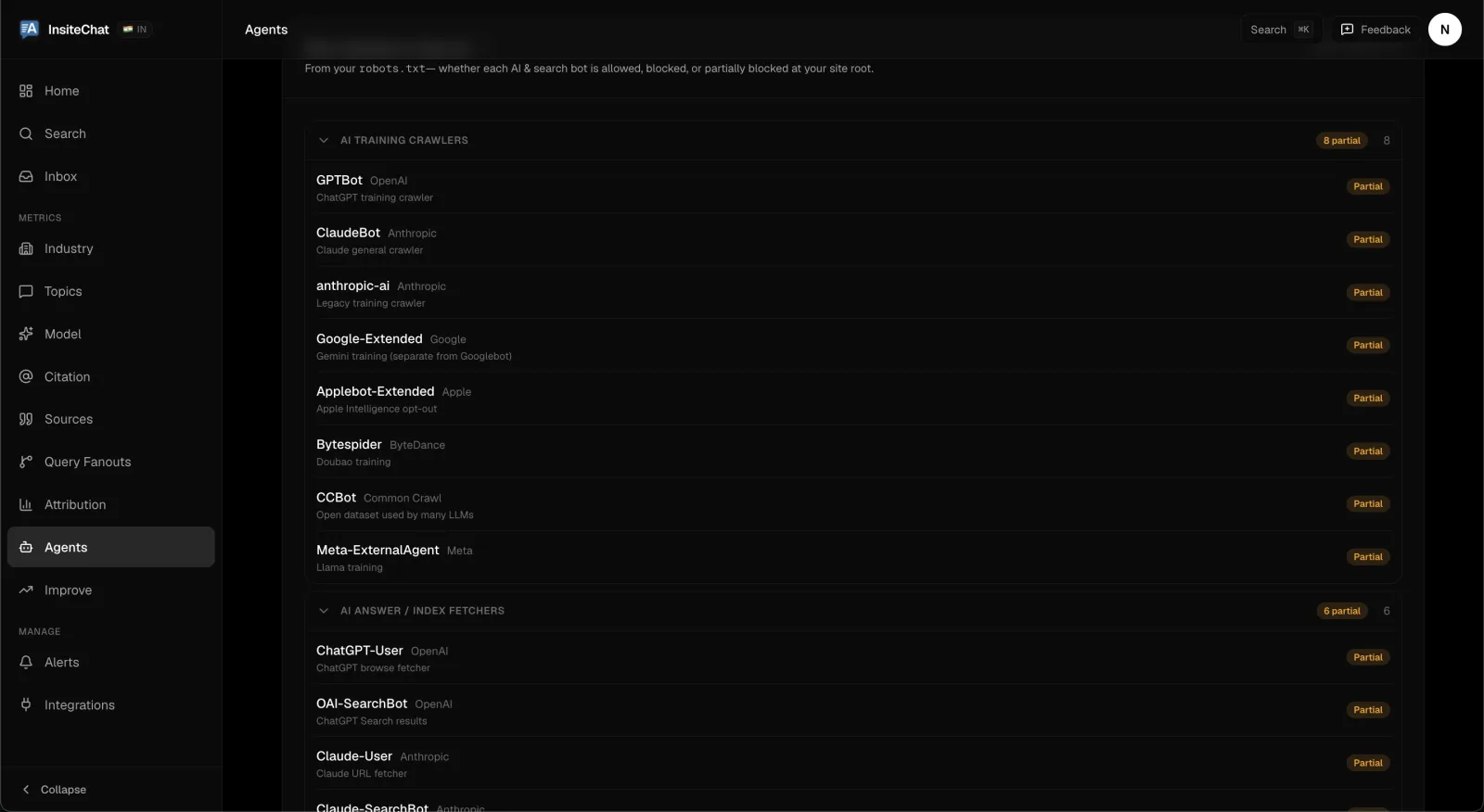 FixAEO showing which AI crawlers (GPTBot, ClaudeBot, Google-Extended) are allowed or blocked at a domain's robots.txt.