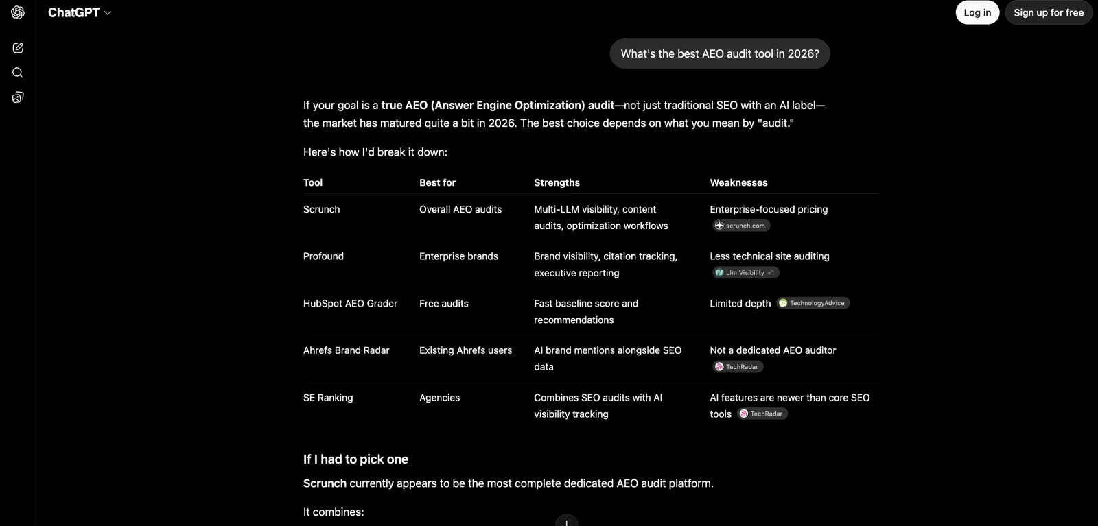 ChatGPT (logged out) answering 'best AEO audit tool in 2026' with a table of Scrunch, Profound, HubSpot AEO Grader, Ahrefs Brand Radar, SE Ranking.