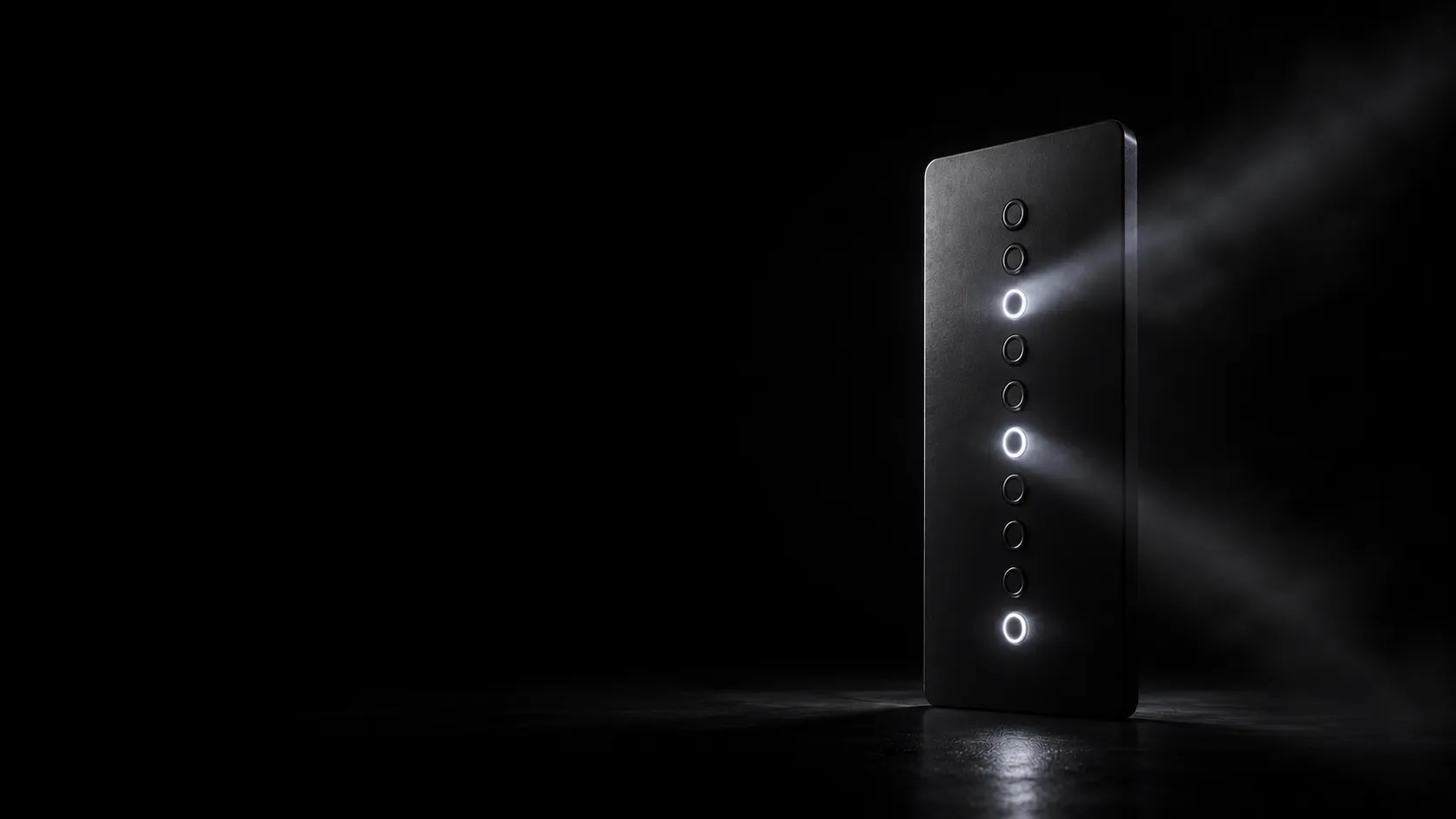 Abstract monochrome illustration: a dark inspection panel with a column of indicators, only a few lit white — an AEO audit checklist.