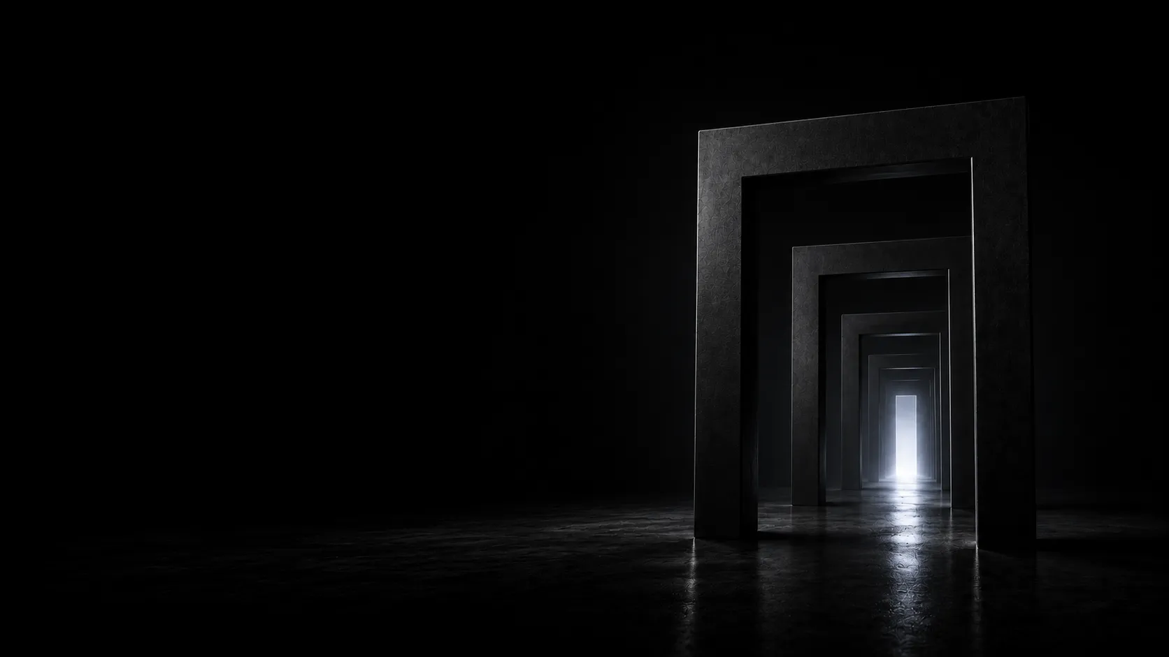 Abstract monochrome illustration: a corridor of dark doorways receding into black with one far threshold lit white โ a B2B buyer's path to a single AI answer.