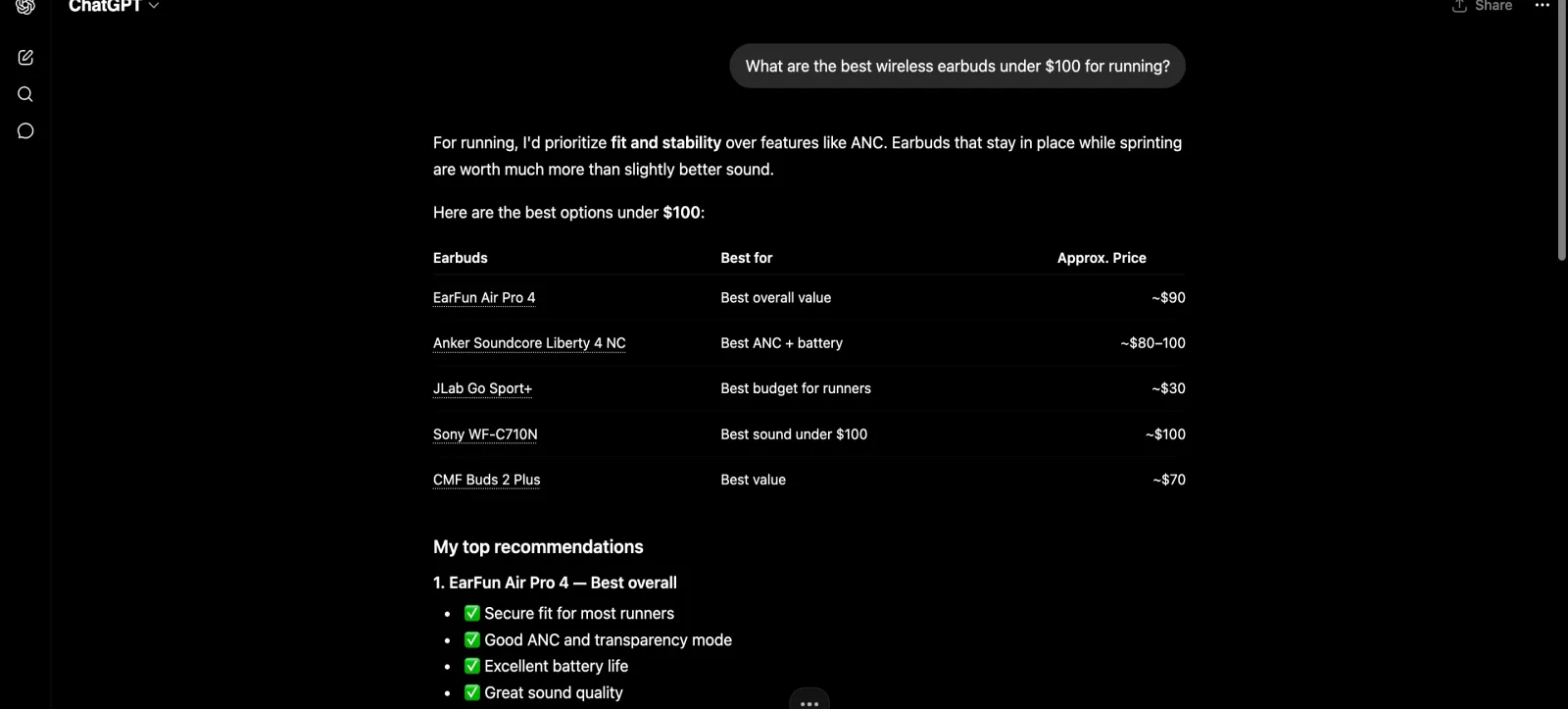 ChatGPT answering 'best wireless earbuds under $100 for running' with a comparison table naming EarFun, Anker, JLab and Sony.