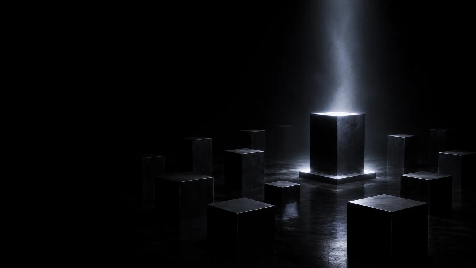Abstract monochrome illustration: dark product pedestals with one lifted into a white spotlight โ a product chosen by AI.