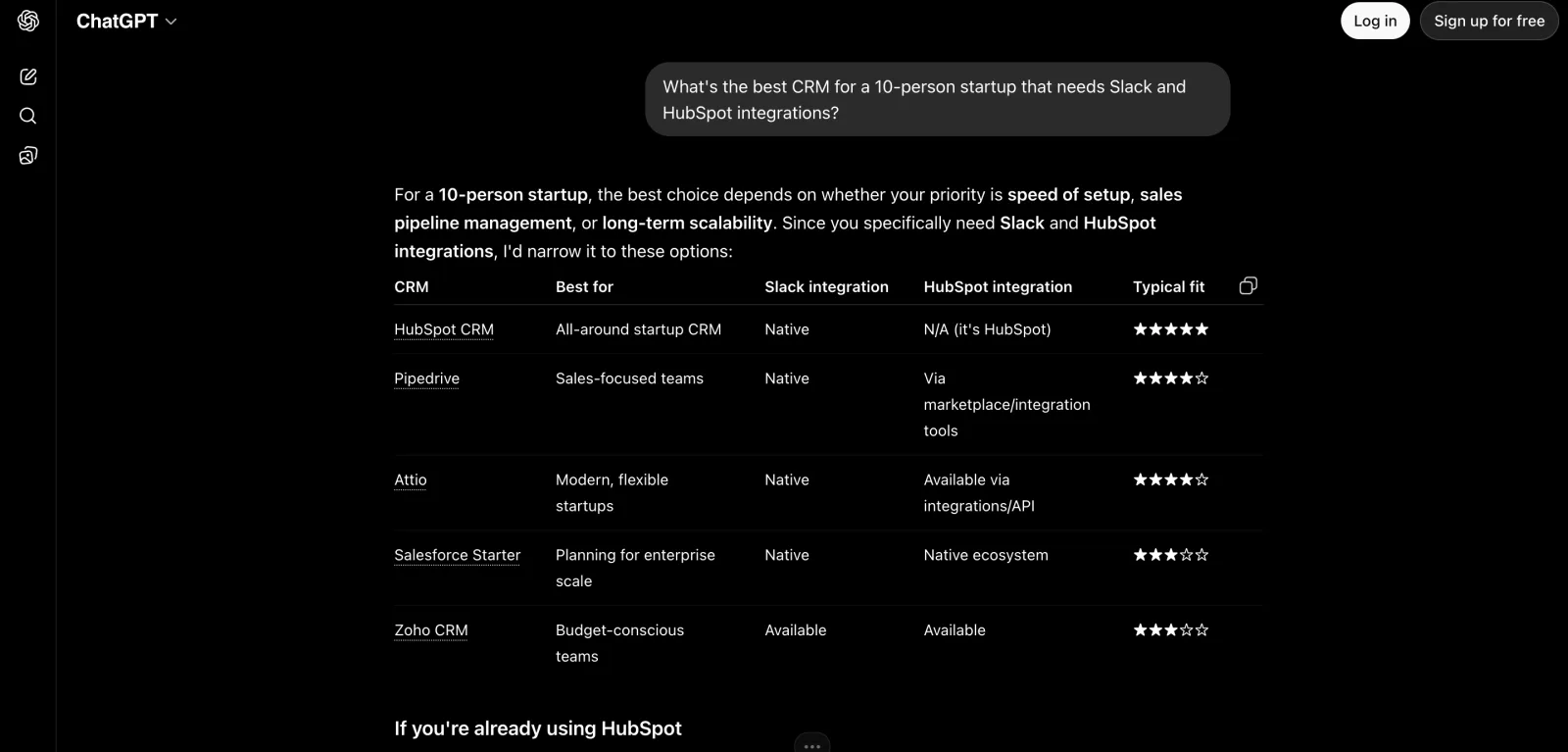 ChatGPT (logged out) answering 'best CRM for a 10-person startup' with a ranked table of HubSpot, Pipedrive and Attio.