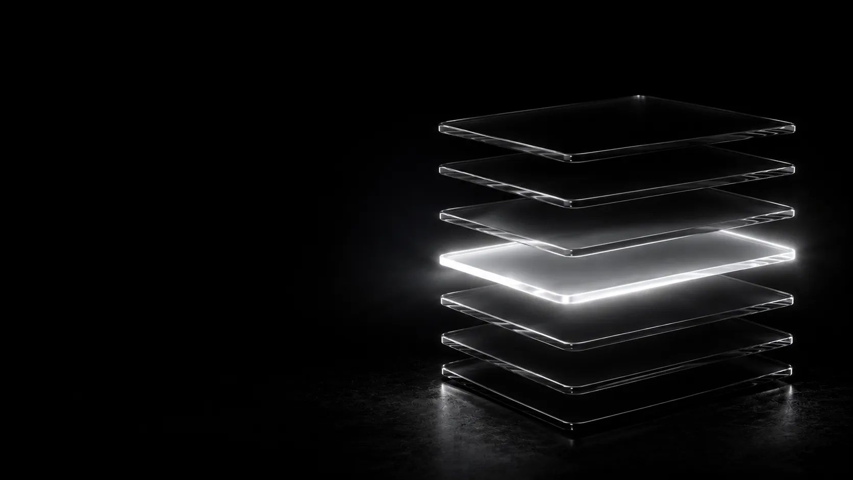 Abstract monochrome illustration: a stack of dark glass layers with one glowing white โ a SaaS product surfacing in AI answers.