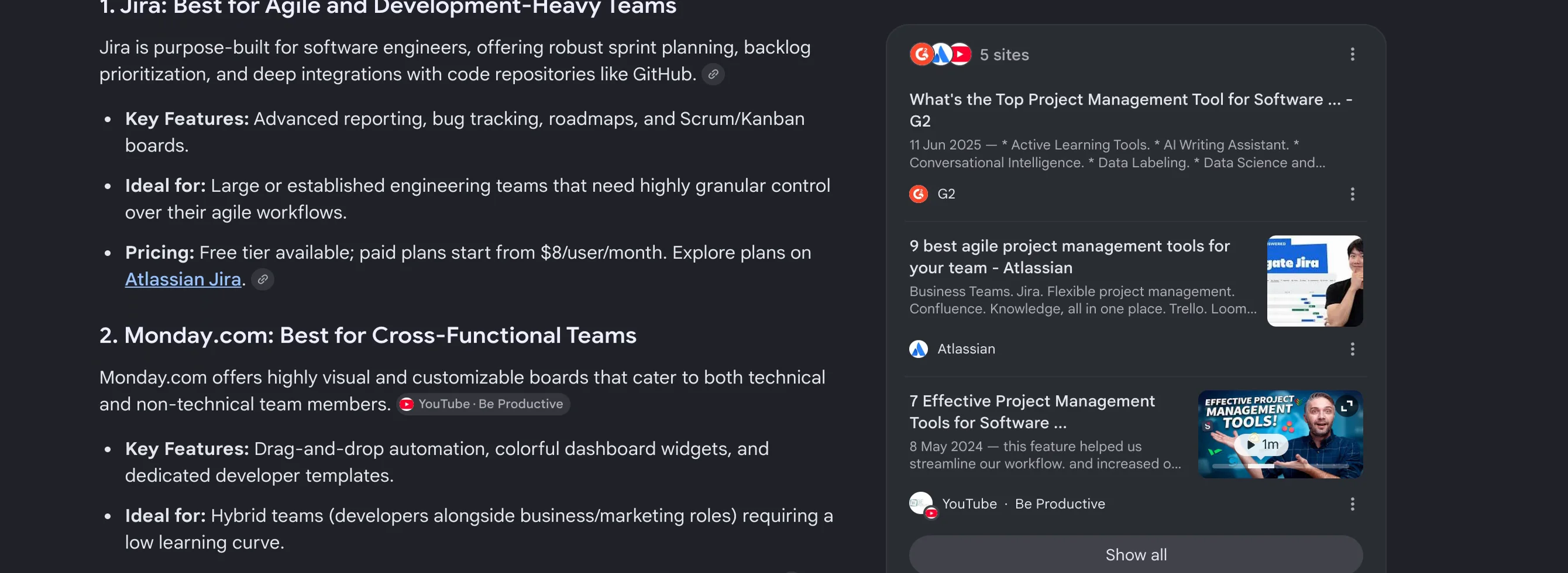 An expanded Google AI Overview with its right-hand sources panel showing five cited sites including G2, Atlassian, and a YouTube channel, plus a Show all button.