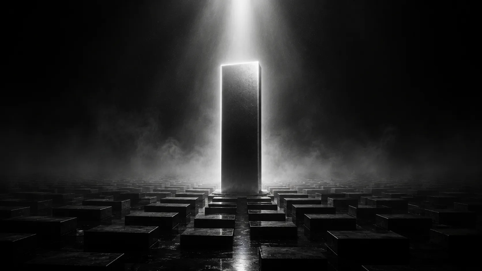 Cinematic black-and-white render: a single tall monolith catches a shaft of light, rising above a vast field of dim, identical slabs fading into fog — one AI answer eclipsing the old web of links.