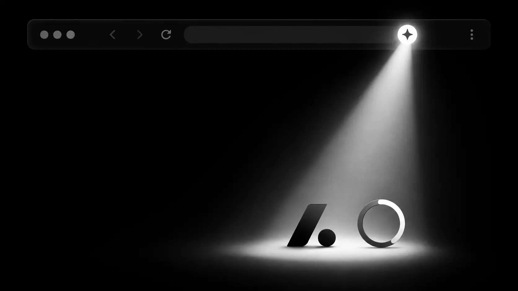 Abstract monochrome illustration: a browser toolbar icon casting a spotlight onto a brand name, with a circular score gauge beside it.