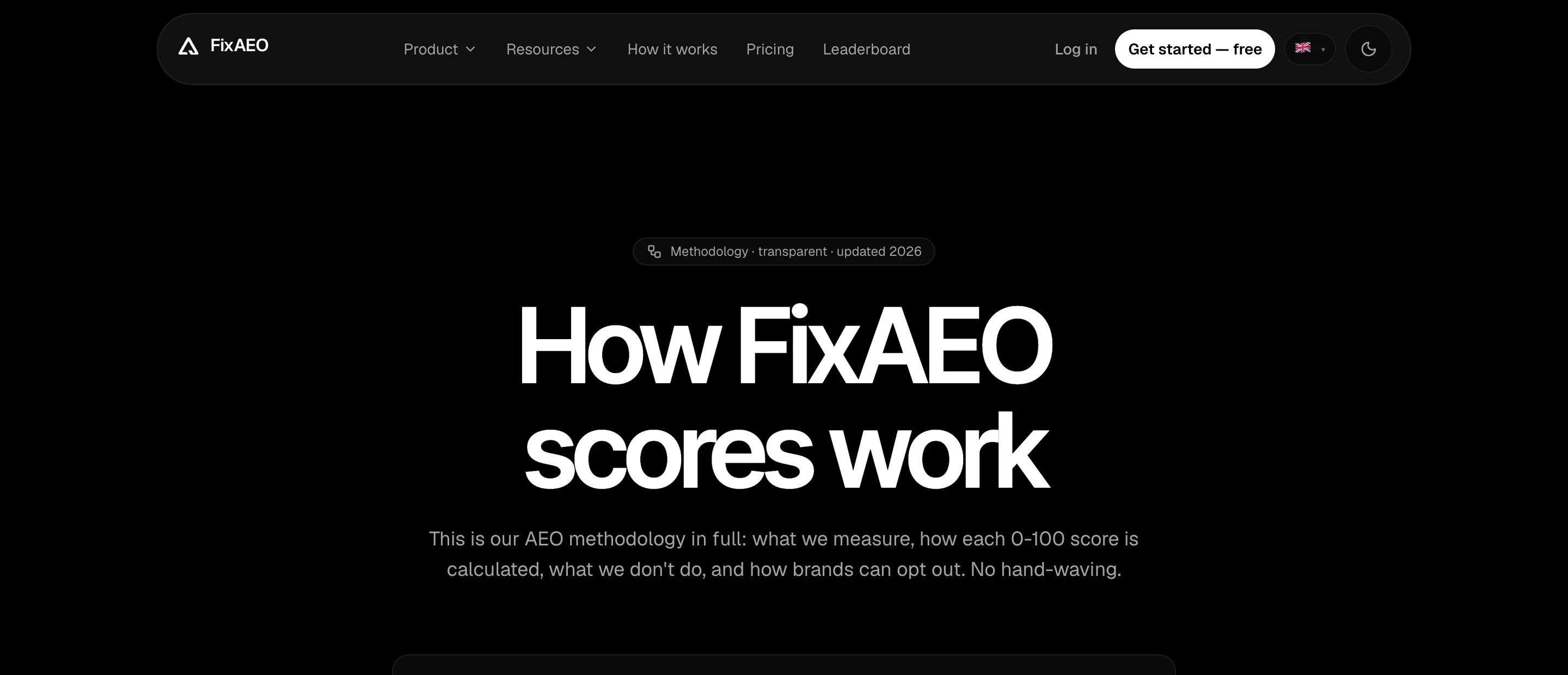 FixAEO's transparent methodology page: 'How FixAEO scores work' with a detailed explanation of the scan flow — heuristic checks, LLM-derived brand profile, and AEO fan-out.