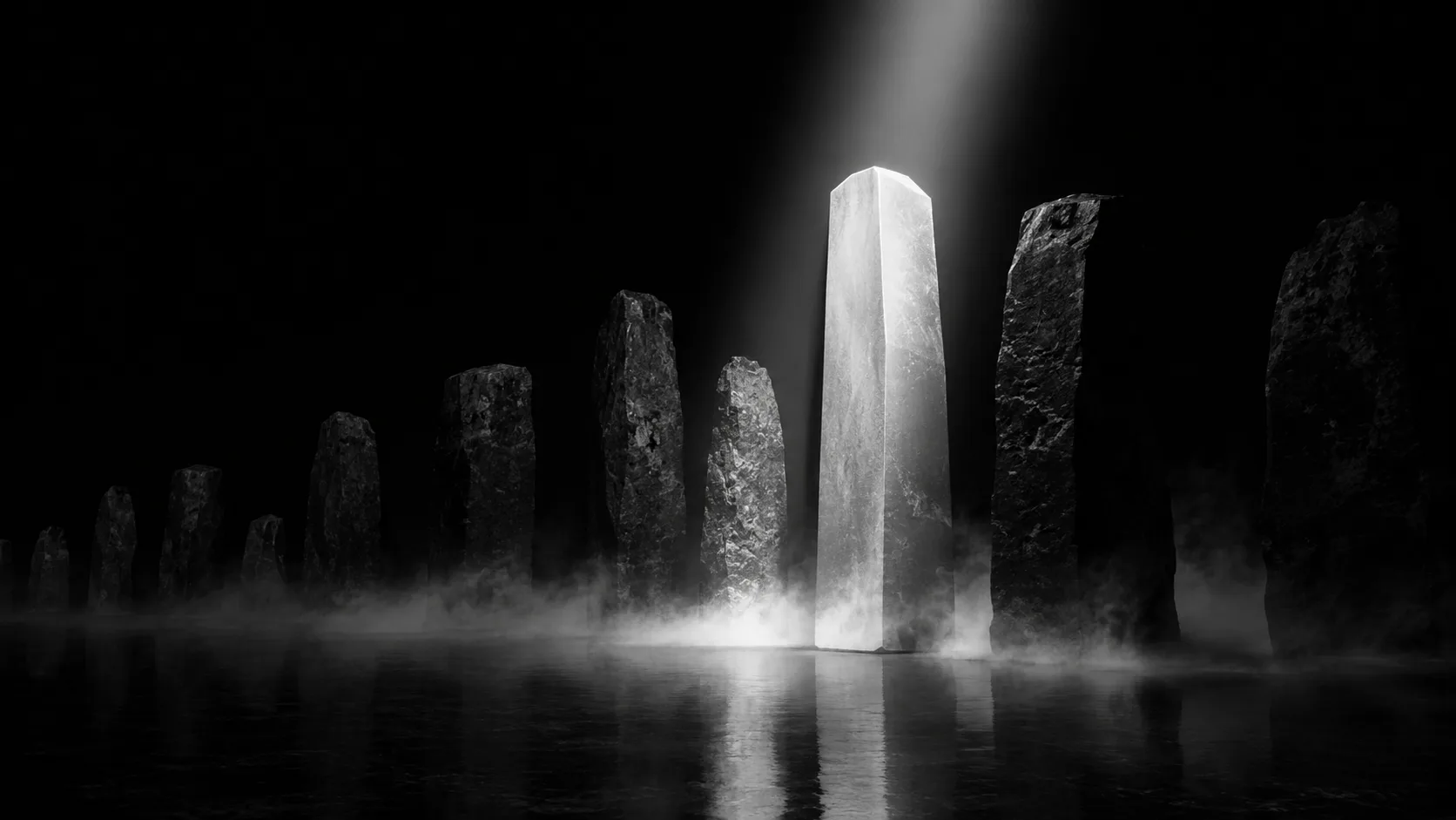 Cinematic black-and-white render of a row of rough dark monoliths with one polished monolith lit by a bright shaft of light. Choosing the right AEO provider.