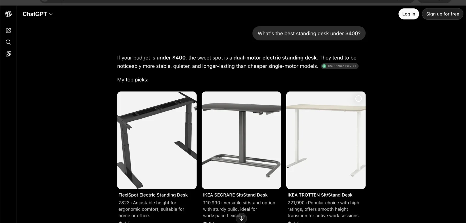 ChatGPT (logged out) answering 'best standing desk under $400' with product cards for FlexiSpot and IKEA desks.