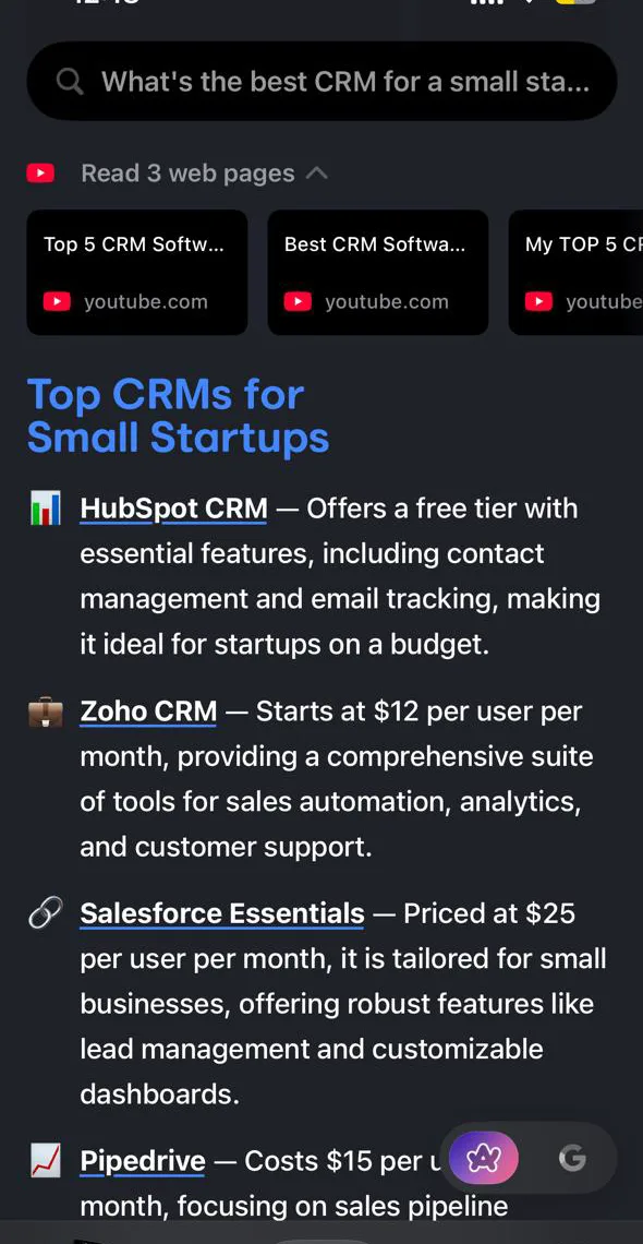 Arc Search's Browse for Me mobile answer listing startup CRMs