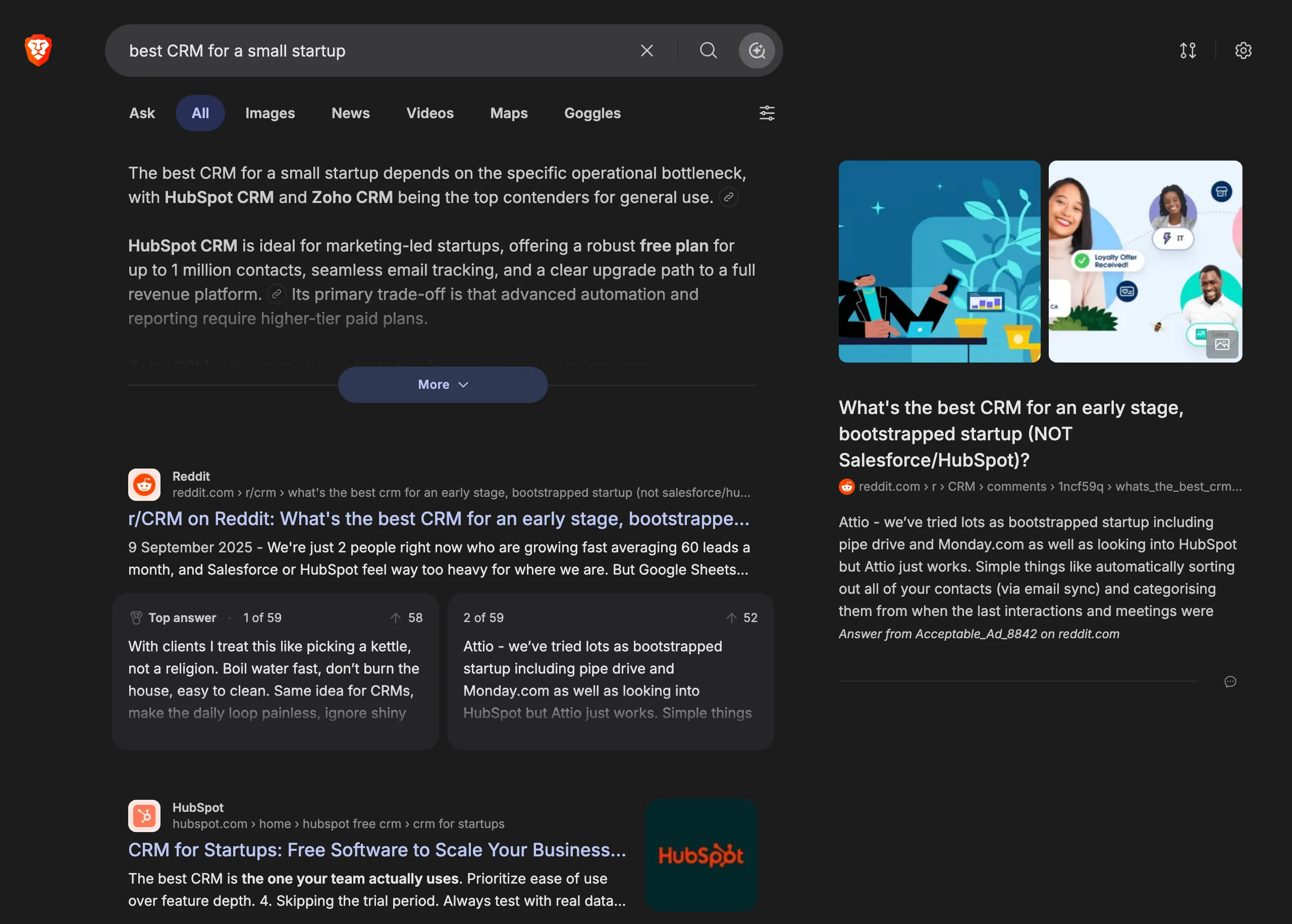 Brave Search's AI answer for "best CRM for a small startup" with cited sources