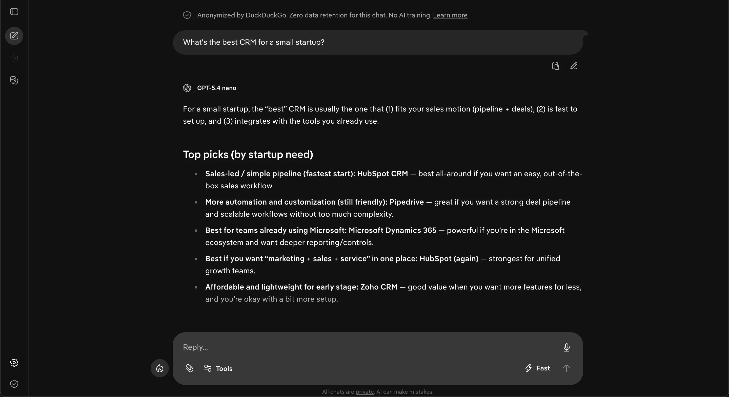 Duck.ai (DuckDuckGo) answering the CRM question with model picks and no citations