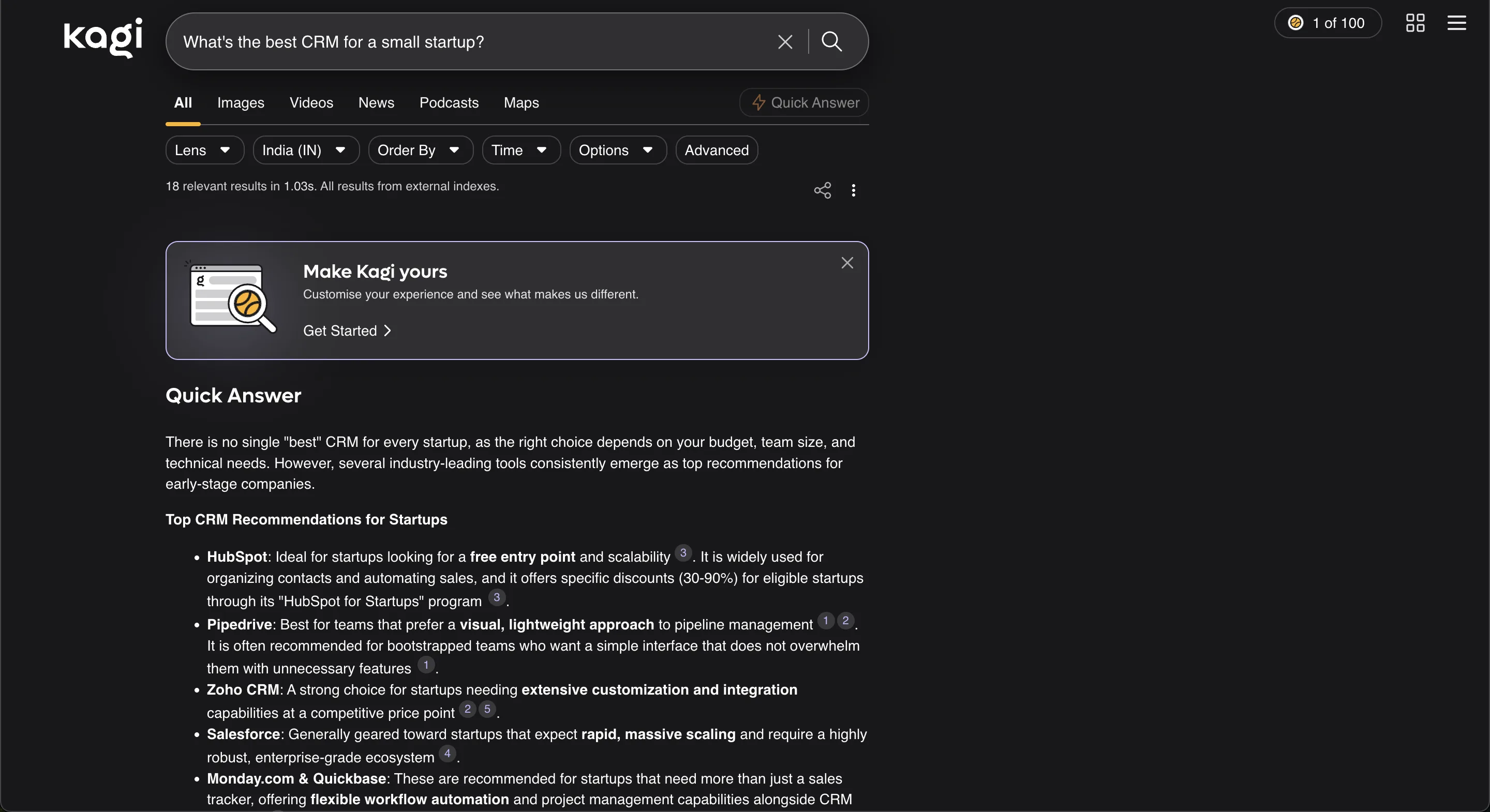 Kagi's Quick Answer with cited CRM recommendations above its ad-free results