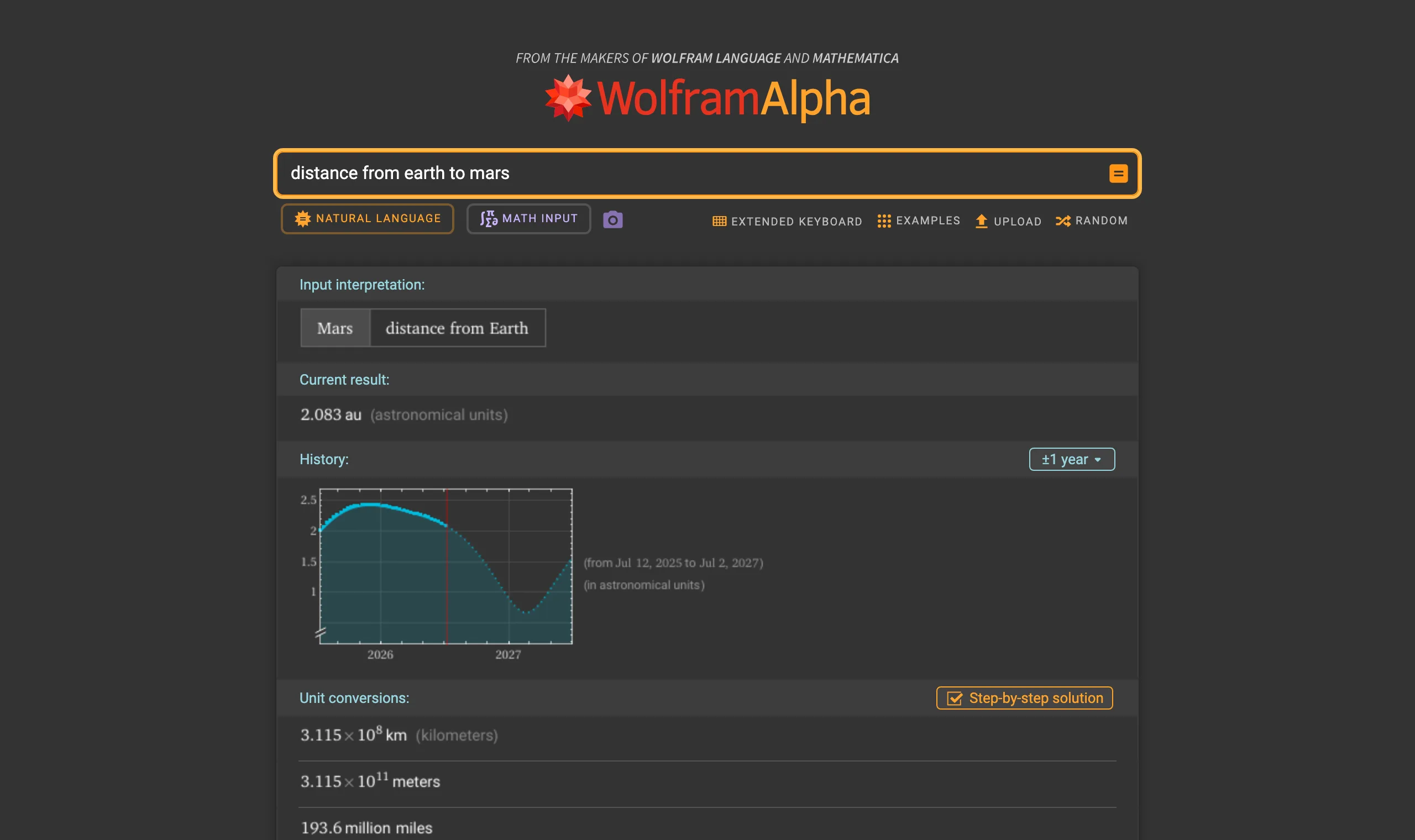 Wolfram Alpha computing the distance from Earth to Mars, with unit conversions