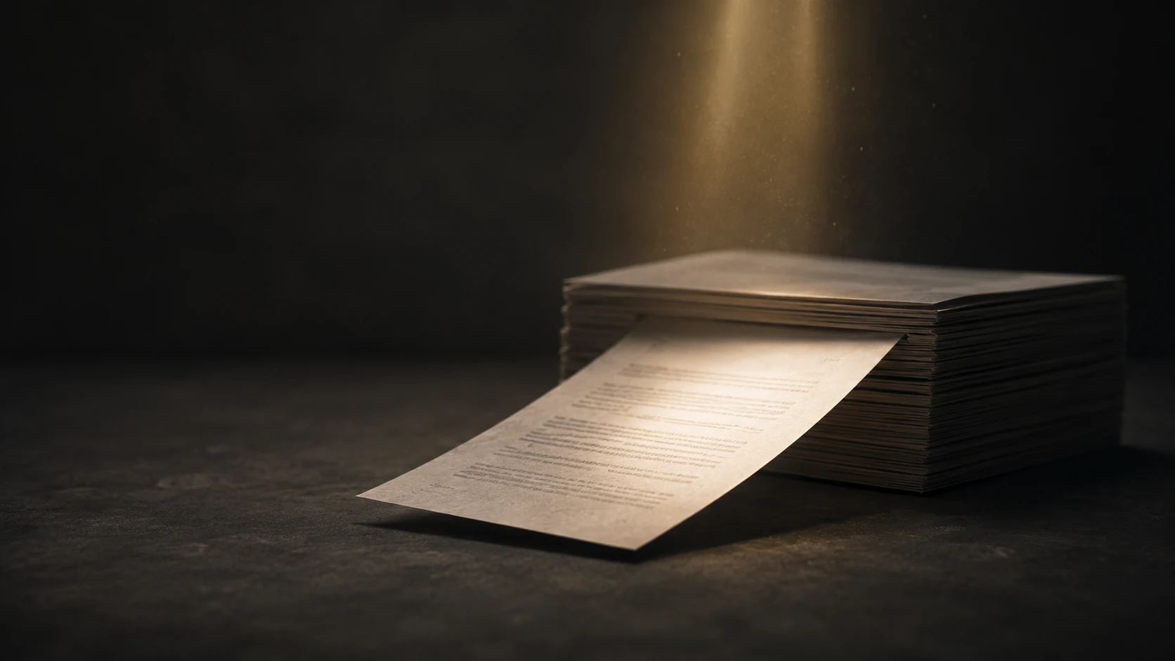 A single page drawn out from the middle of a thick stack of near-identical documents and lit by a narrow warm shaft of light from above, so only that one page is legible while the rest of the stack stays in shadow on a dark matte surface.