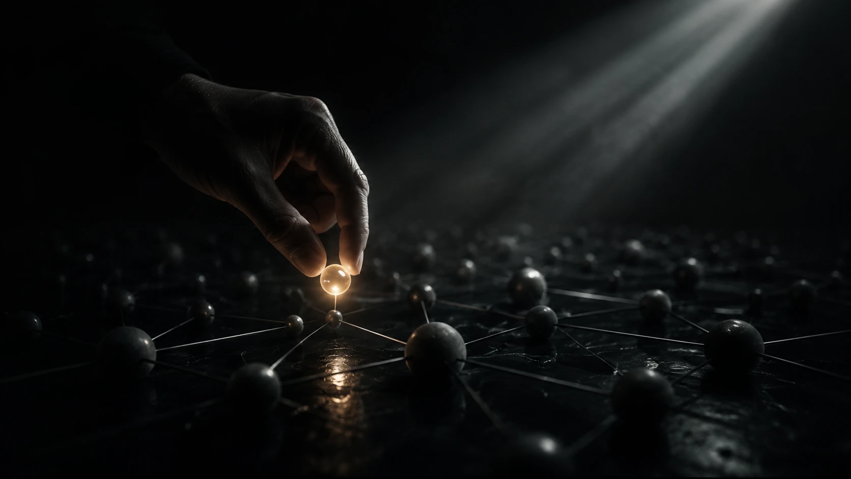 A single dark hand lowering one glowing node into a field of dimmer connected nodes on a dark reflective surface — one approved action amid a much larger automated system.