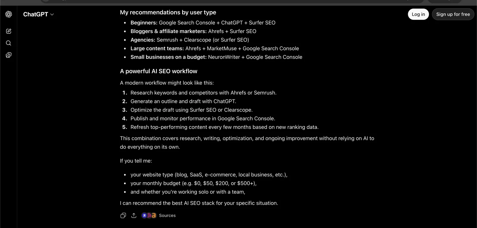 ChatGPT (logged out) recommending AI SEO tools by user type — Surfer, Ahrefs, Semrush, Clearscope — plus a workflow.