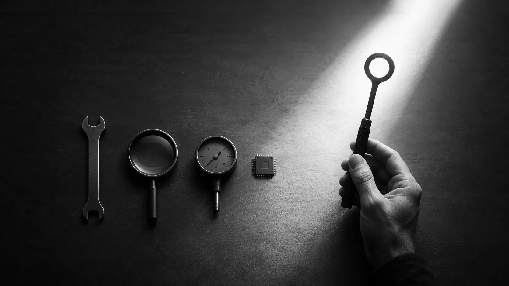 Cinematic black-and-white workbench viewed top-down with a row of abstract tool silhouettes, one lifted and lit as the best pick. The best AI SEO tools in 2026.