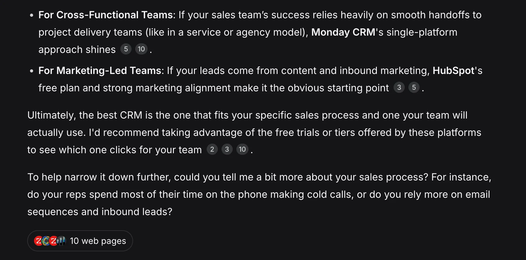 DeepSeek recommending Monday CRM for cross-functional teams and HubSpot for marketing-led teams, each with numbered citations, plus a "10 web pages" badge.
