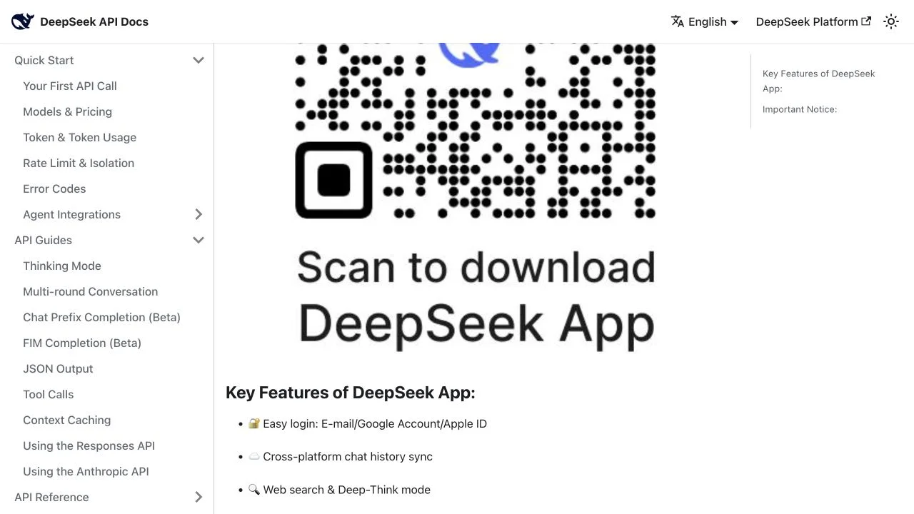 DeepSeek's official app announcement listing web search and Deep-Think mode as key features.