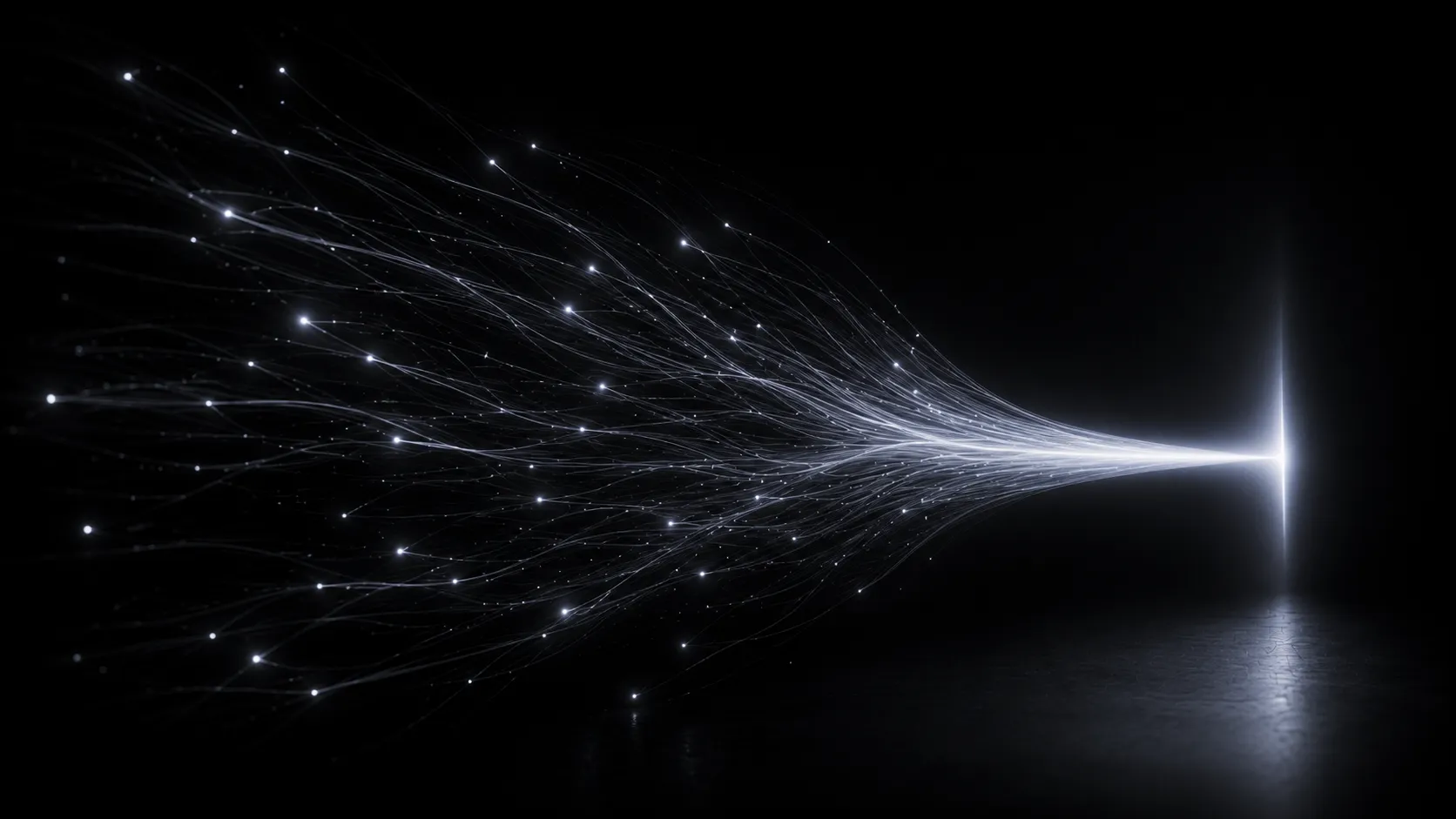 Abstract monochrome illustration: faint dark streams converging into one bright white channel — AI traffic attribution in GA4.