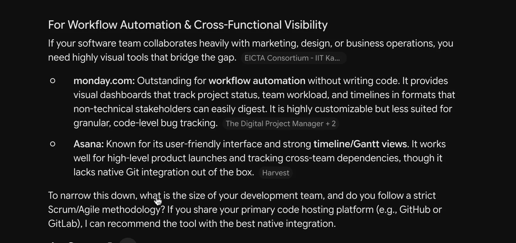 Gemini recommending monday.com and Asana for software teams, each with a cited source chip (The Digital Project Manager, Harvest), then asking a grounded follow-up about GitHub or GitLab integration.