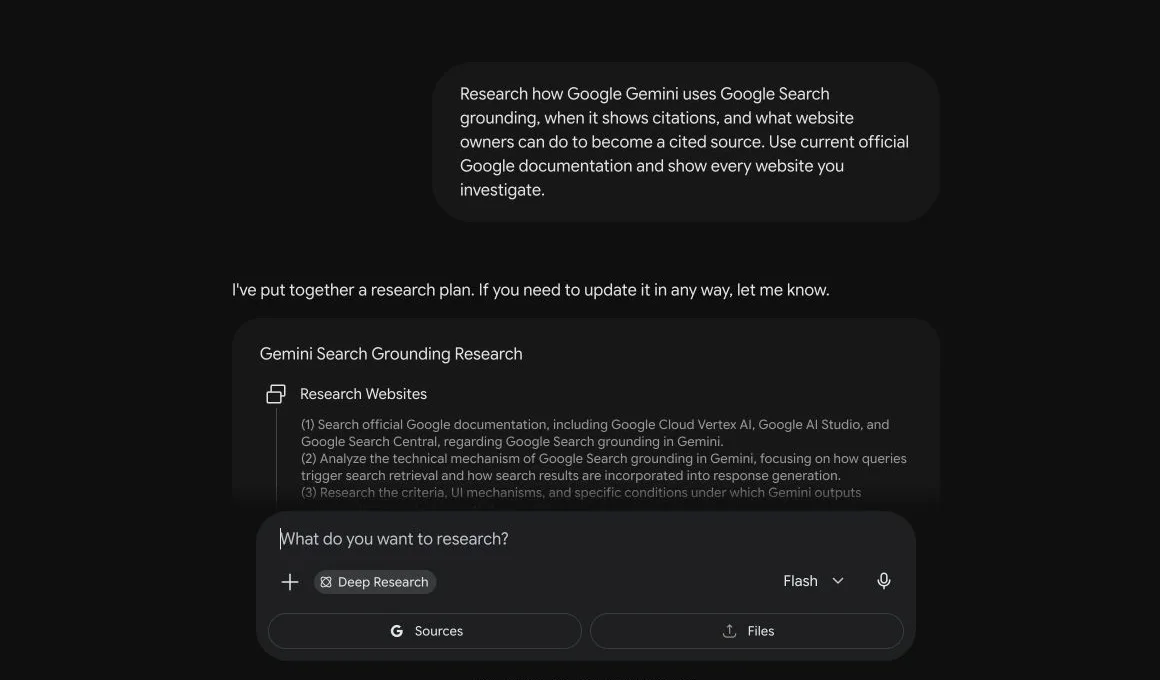 Gemini Deep Research plan for investigating Search grounding, citation behavior, and publisher guidance.