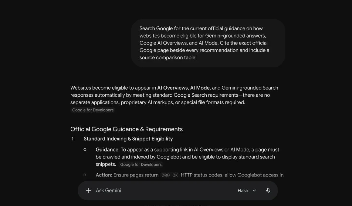 Live Gemini answer explaining website eligibility for grounded answers, AI Overviews, and AI Mode with Google citations.