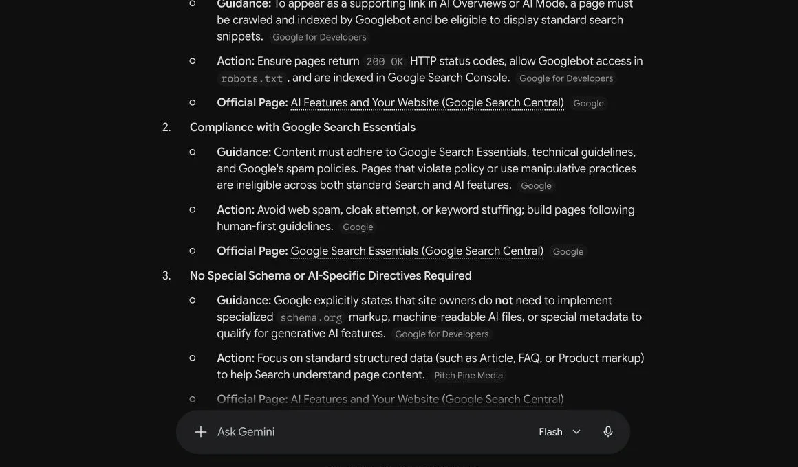 Gemini citing official Search Central pages beside indexing, Search Essentials, and schema guidance.