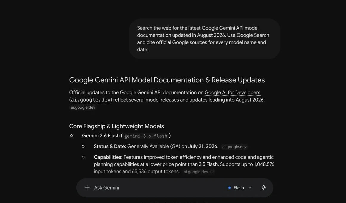 Live Gemini web-search answer for current API documentation, with inline citations to official ai.google.dev sources.