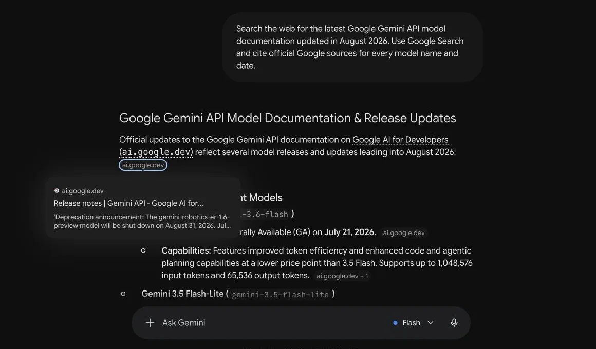 Gemini source-detail card opened from an inline citation, showing the supporting Google AI for Developers page.