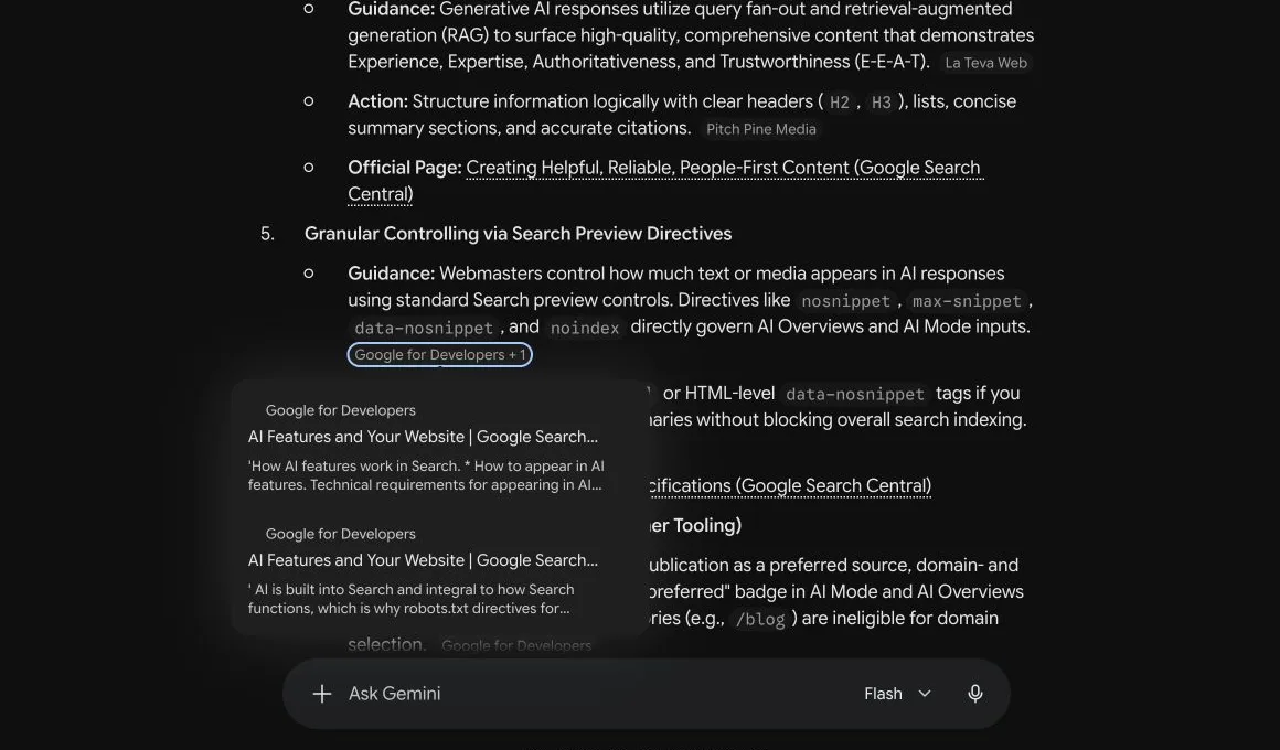 Gemini multi-source detail card showing two Google Search Central pages behind one claim.