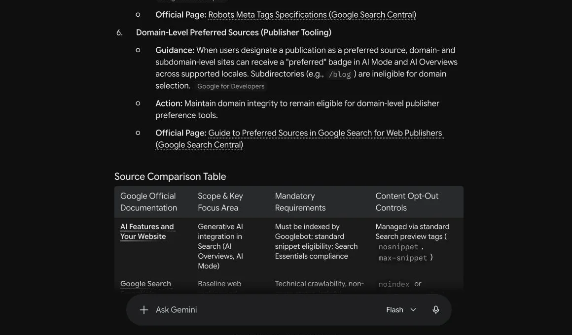 Gemini-generated comparison table mapping official Google documents to requirements and content controls.