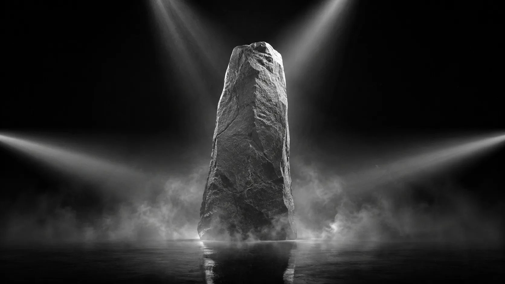 Cinematic black-and-white render of a single stone monolith lit by several converging beams of white light through fog. A brand named by many AI engines.