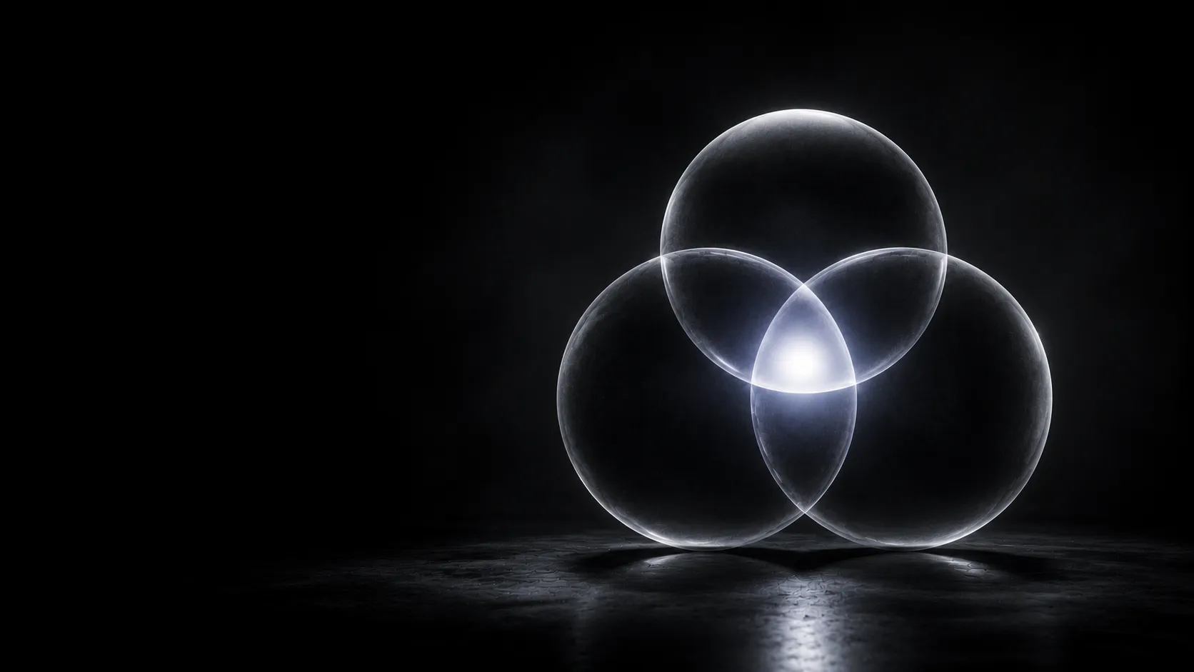 Abstract monochrome illustration: three overlapping dark volumes with a white-lit center — the overlap of GEO, AEO and SEO.