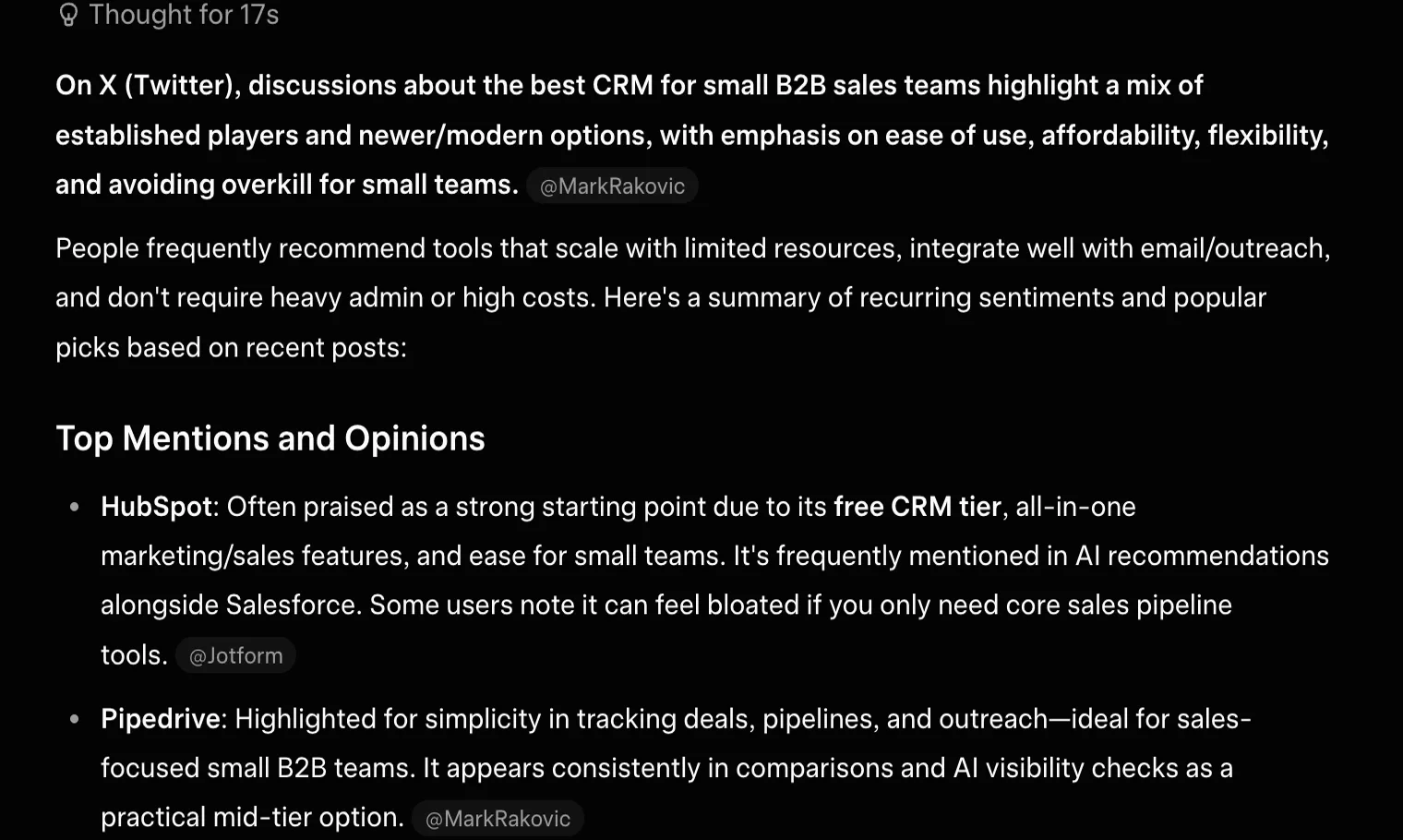 Grok on grok.com answering "what are people saying on X about the best CRM for a small B2B sales team" โ it searched X and cites actual X handles (@MarkRakovic, @Jotform) next to HubSpot and Pipedrive.