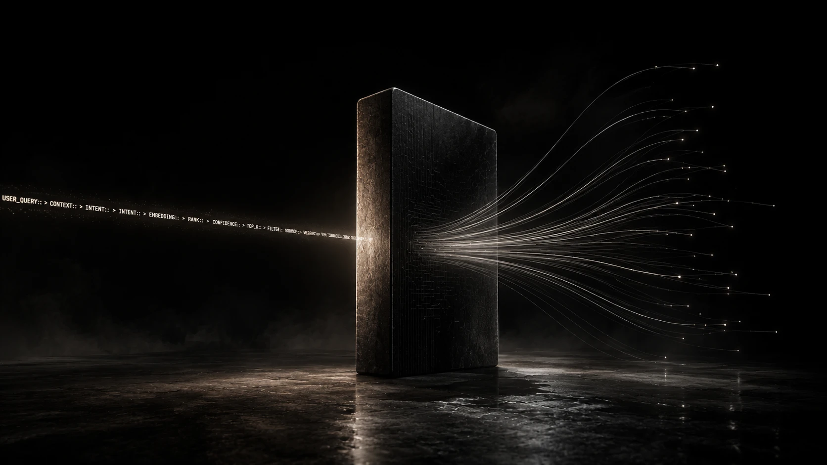 A single thread of light unspools across a dark reflective floor toward a distant monolith, each pulse along the thread branching into fainter possible paths.