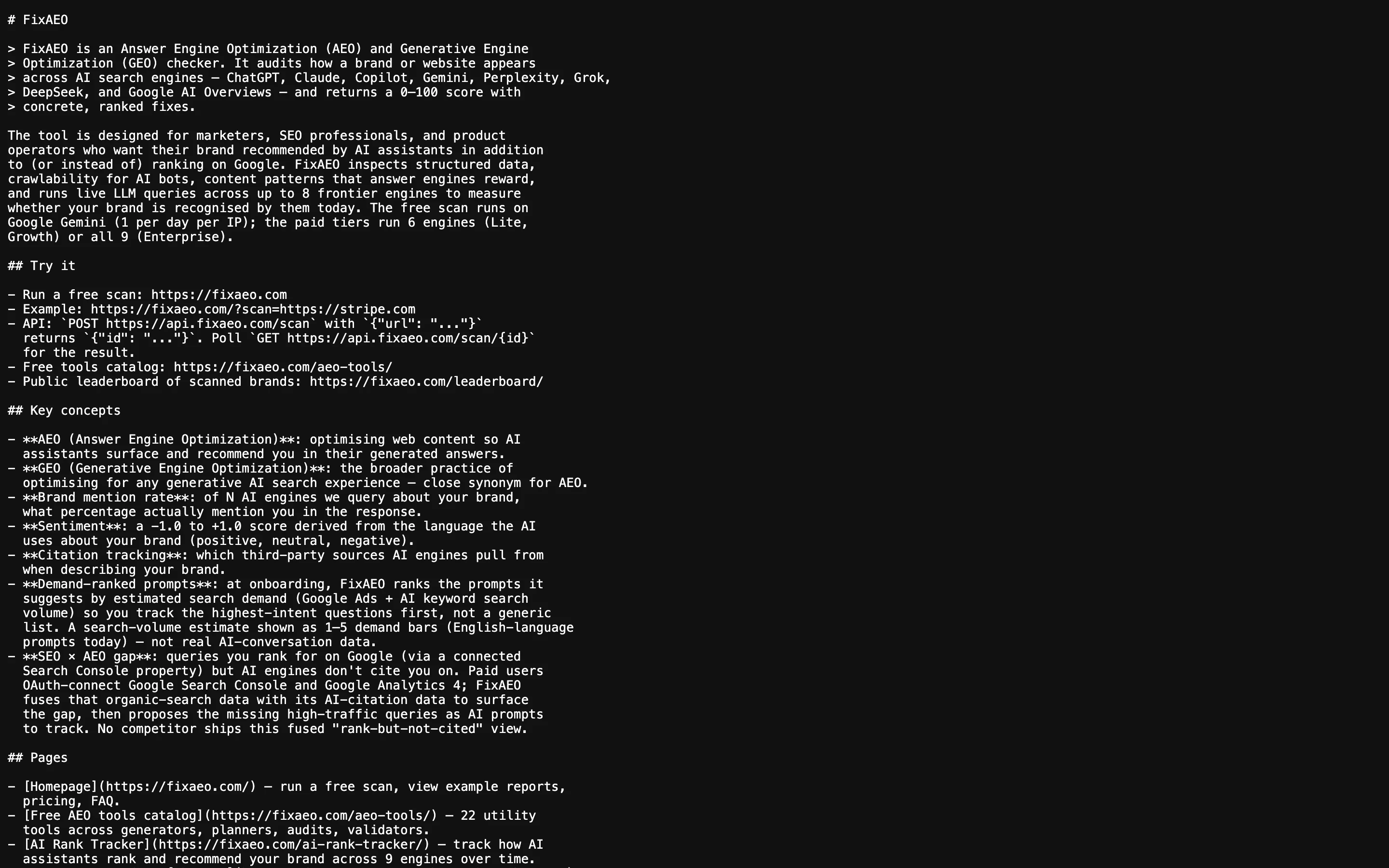 The FixAEO llms.txt file rendered in a browser as plain text — heading, blockquote pitch, Try It links, Key concepts, and Pages sections.