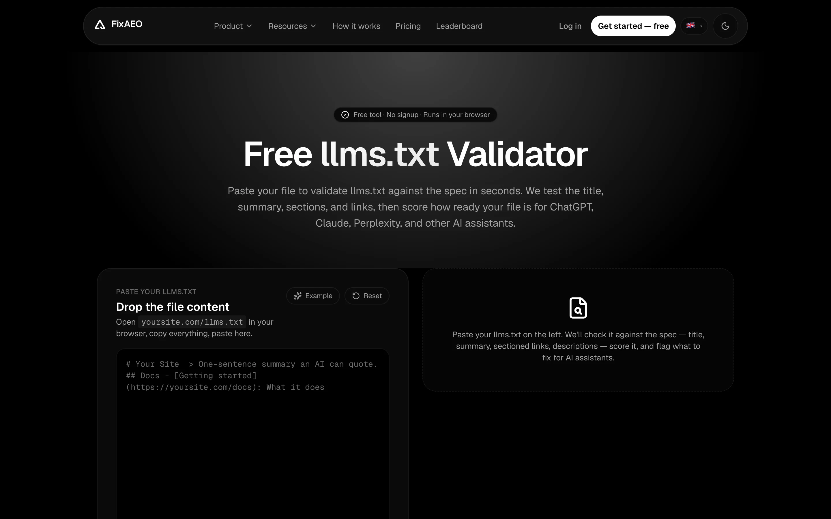 FixAEO's free llms.txt validator page — paste your file to check title, summary, sections, and links against the spec.
