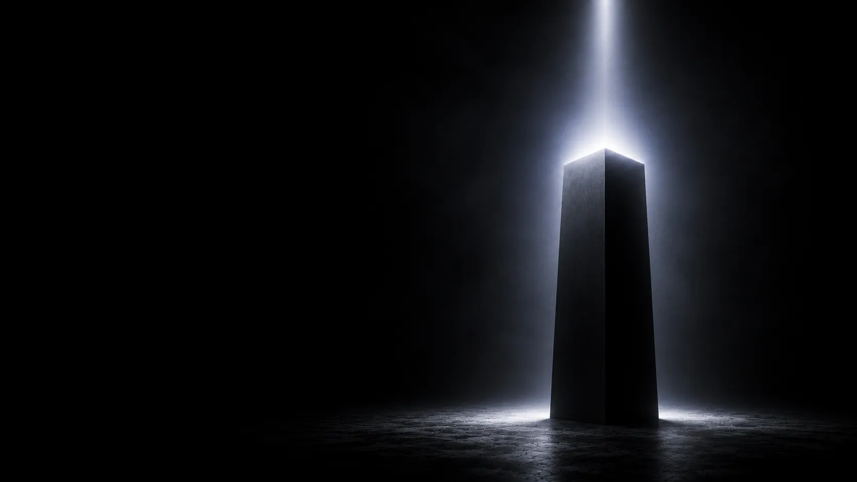 Abstract monochrome illustration: a solitary dark monolith caught in a focused white beam — a brand cited by Claude.