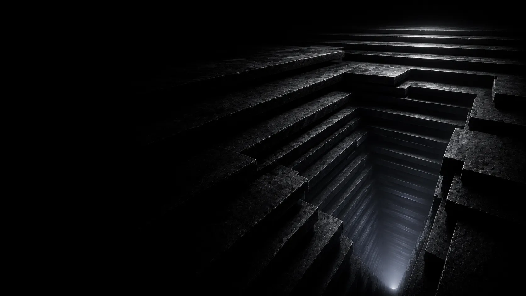 Abstract monochrome illustration: descending dark strata with a white glow rising from the depths โ being found by DeepSeek.