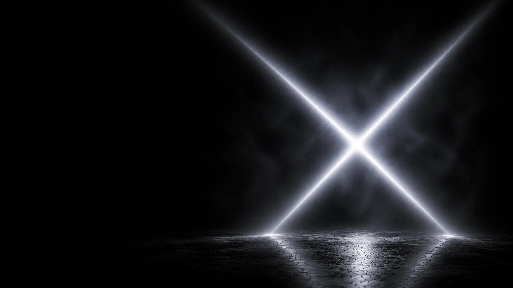 Abstract monochrome illustration: two white light beams crossing to form an X over a dark plane โ Grok's X signal.