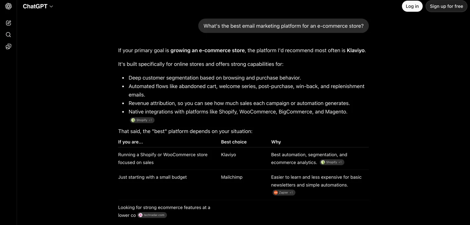 ChatGPT (logged out) recommending email marketing platforms for ecommerce — Klaviyo, then Mailchimp, with reasoning.