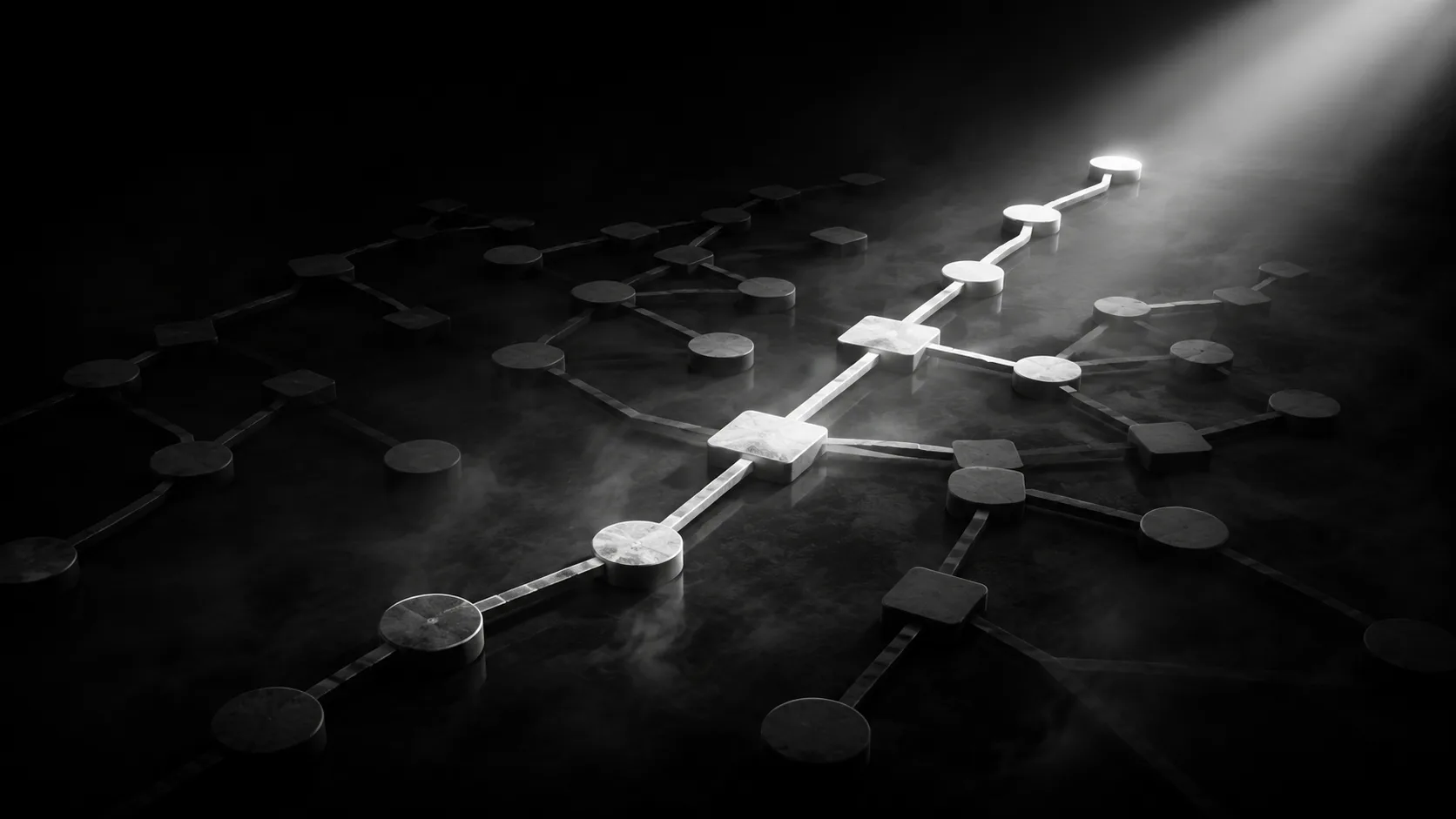Cinematic black-and-white render of a dark network of connected nodes forming a sitemap, with one clean path lit by a shaft of white light through drifting fog. A validated XML sitemap.
