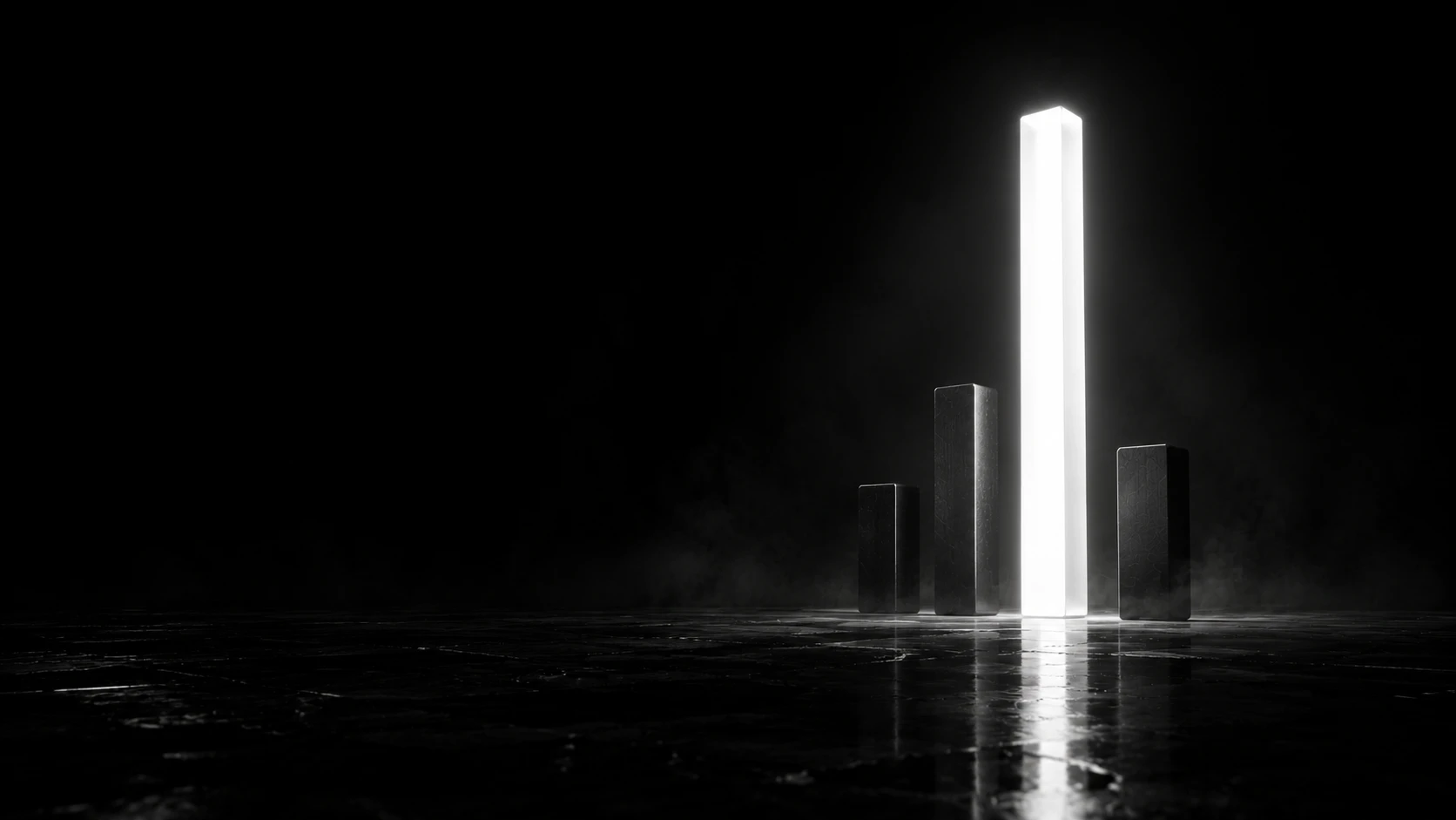 A single monolithic screen glows in a dark room, reflecting fragmented brand logos across a wet black floor, most of them fading into shadow before they reach the light.