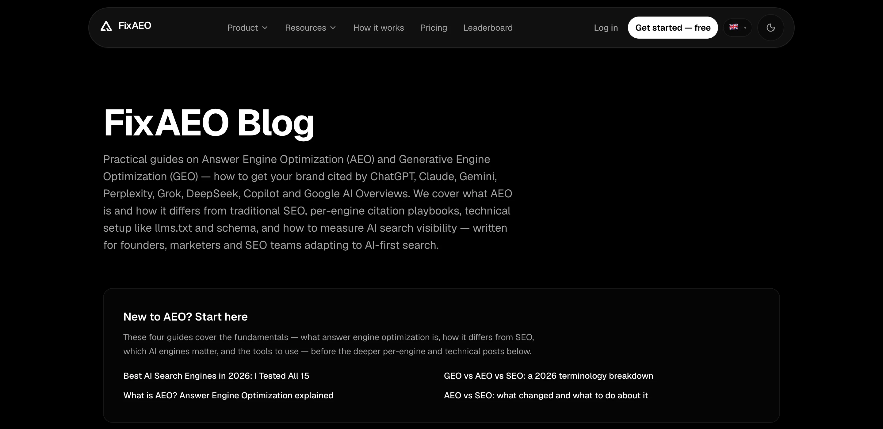 FixAEO's blog index — 'FixAEO Blog' with a 'New to AEO? Start here' curated section pointing to Best AI Search Engines, GEO vs AEO vs SEO, What is AEO, and AEO vs SEO.