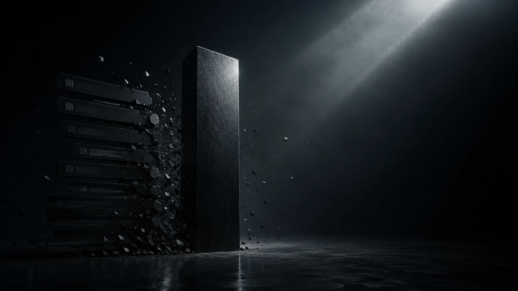 A single dark monolith standing where a crowded stack of search-result bars used to be, the bars disintegrating into fragments that scatter into empty space — search that no longer sends a click.