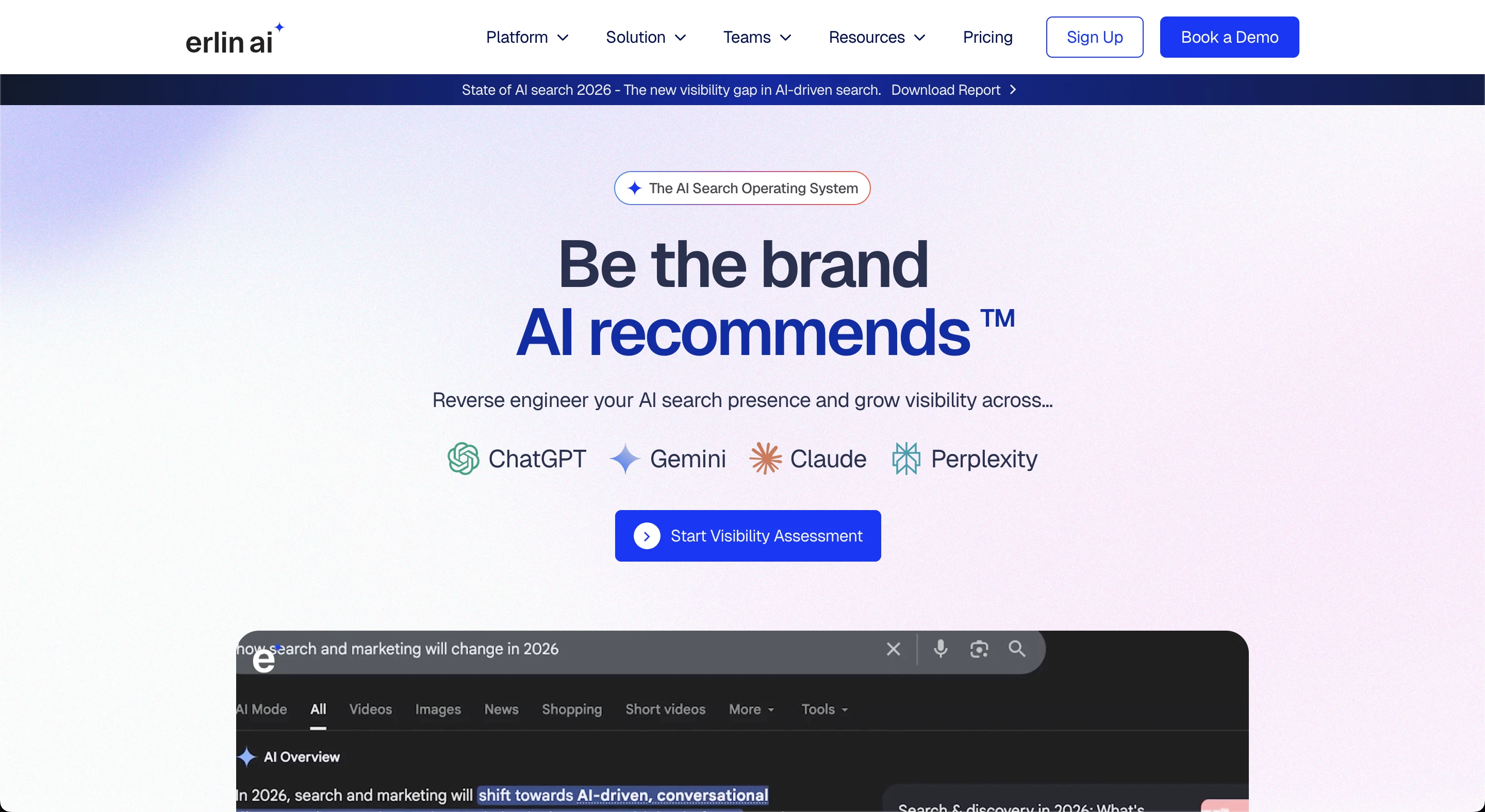 Erlin AI homepage (captured July 2026): "Be the brand AI recommends."