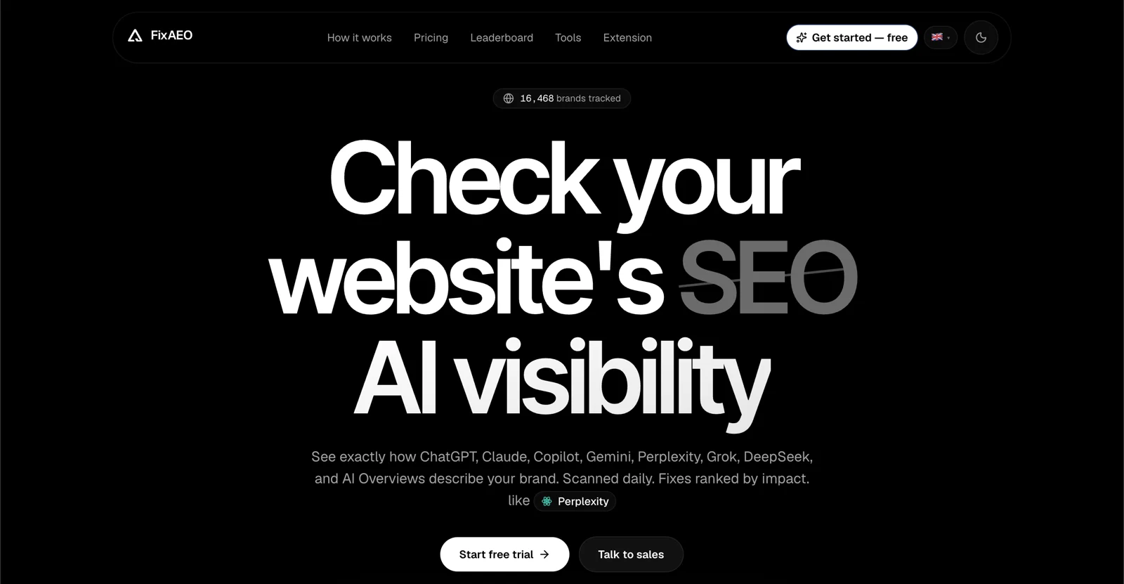 FixAEO homepage (captured July 2026)